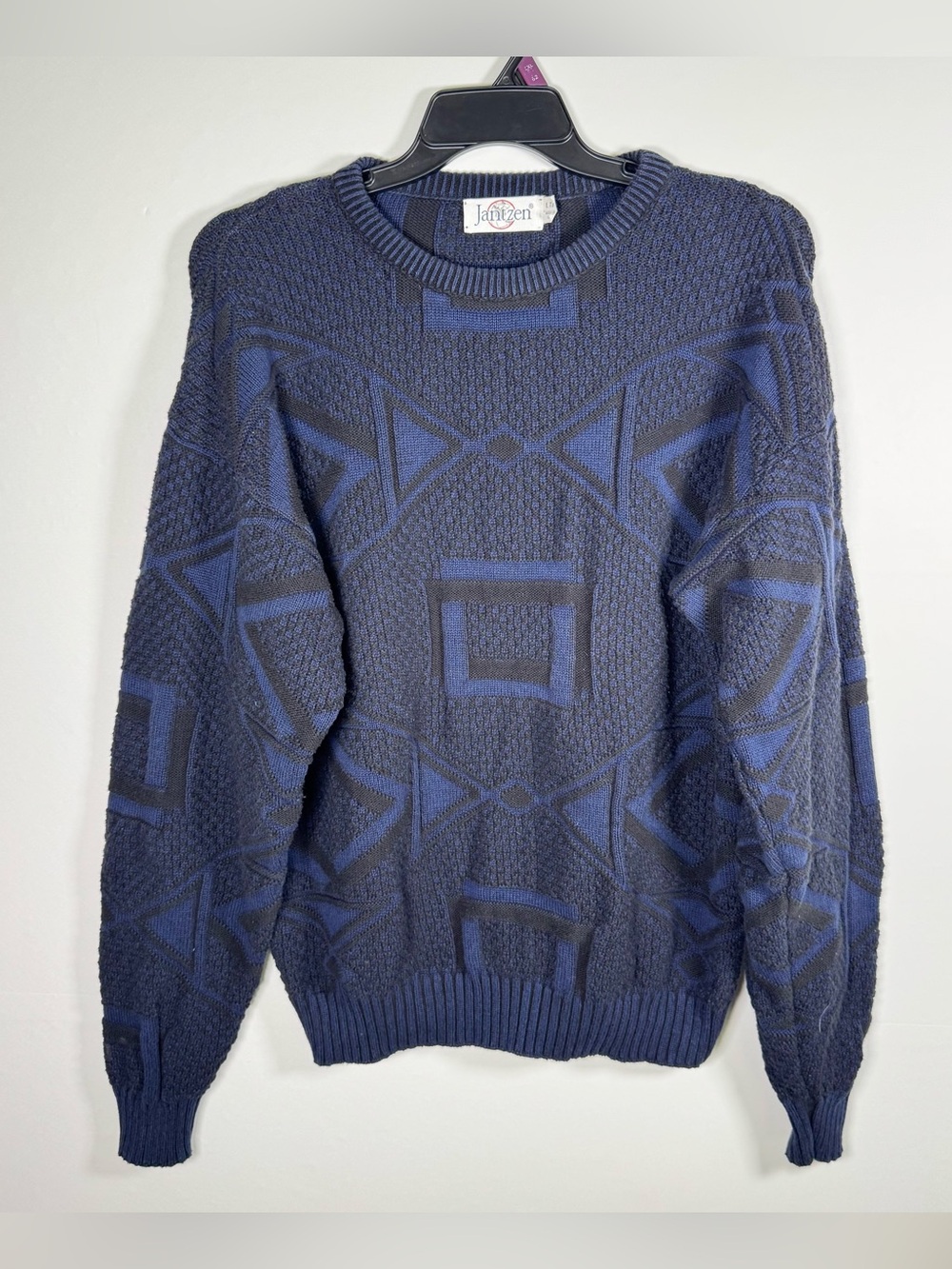 Vintage JANTZEN Men’s 90s 3D Knit Navy Geometric Oversized Crew Sweater L Tall